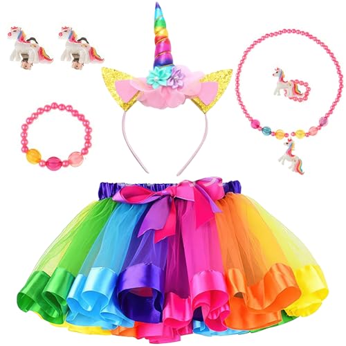 Regenbogen Tutu Röcke Mädchen Tüllrock Kostüm mit Haarband Bunte Halskette Armband, Tutu Röcke für Kinder Geburtstag verkleiden Sich Party Karneval Cosplay Abendkleid von shengo