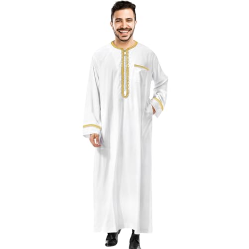shengo Herren muslimische Kleidung arabische Robe Herrenroben für männliche Kaftan Abaya islamische lange Ärmel (Weiß, L) von shengo