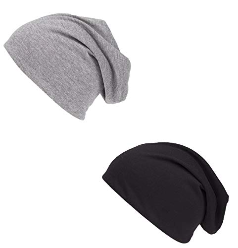 shenky 2er Set Jersey Beanie grau schwarz, Beanie Herren Sommer, Lange Mütze, Wintermütze Herren, Wintermütze Damen, Übergangsmütze von shenky