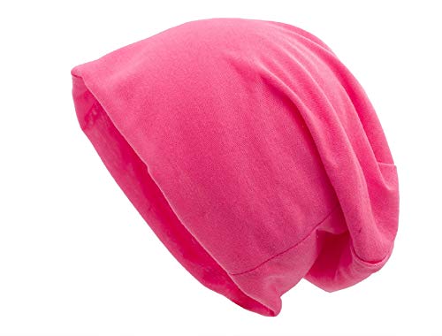 shenky Beanie | Vintage Look | Muster | bunt | bei Chemo Behandlung & Haarausfall | lang geschnitten | Unisex | Longbeanie | Long Slouch Beanie | dünne Mütze | Neonpink XXL von shenky