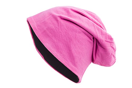 shenky Beanie | Vintage Look | Muster | bunt | bei Chemo Behandlung & Haarausfall | lang geschnitten | Unisex | Longbeanie | Long Slouch Beanie | dünne Mütze | Schwarz-Rosa Wendemütze von shenky