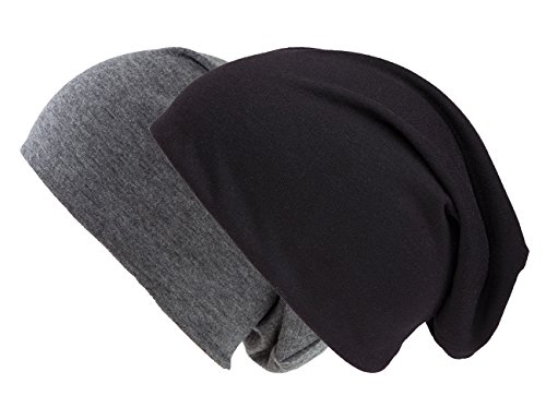 shenky Jersey Beanie | Frühlingsmütze | große Köpfe | dünne Sommermütze | für Damen & Männer | Unisex | Long Slouch Beanie | Doppelpack Schwarz + Dunkelgrau-Charcoal von shenky