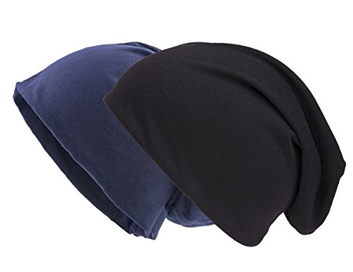shenky Jersey Beanie | Frühlingsmütze | große Köpfe | dünne Sommermütze | für Damen & Männer | Unisex | Long Slouch Beanie | Doppelpack Schwarz + Navy XXL von shenky