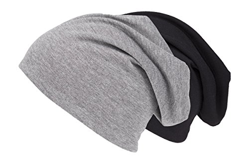 shenky Jersey Beanie | Frühlingsmütze | große Köpfe | dünne Sommermütze | haube Kopf | für Damen & Männer | lang | Unisex | Long Slouch Beanie | Doppelpack Schwarz + Grau von shenky