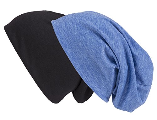 shenky XXL | Long Beanie | große Köpfe | leichte Sommermütze | extralange Haube | für Damen & Männer | Unisex | dünn | Long Slouch Beanie | Doppelpack Schwarz + Blau-Meliert von shenky