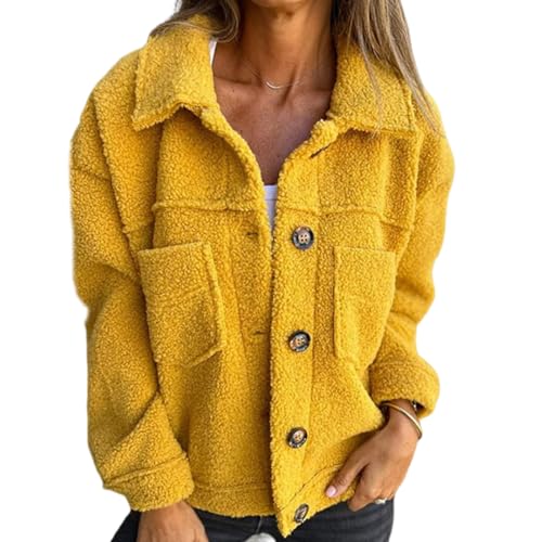 shenyoukong Warme Kurze Jacke Mit Revers Für Damen, Flauschiger Kunstpelz-Fleece-Jackenmantel Mit Revers, Sherpa-Fleece-Jacke Mit Knopfleiste, Warme, Flauschige Oberbekleidung Mit Revers. (Gelb,2XL) von shenyoukong