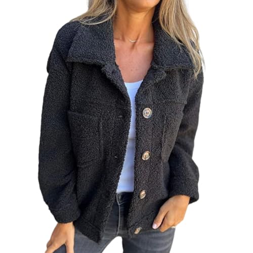 shenyoukong Warme Kurze Jacke Mit Revers Für Damen, Flauschiger Kunstpelz-Fleece-Jackenmantel Mit Revers, Sherpa-Fleece-Jacke Mit Knopfleiste, Warme, Flauschige Oberbekleidung Mit Revers. (Schwarz,L) von shenyoukong