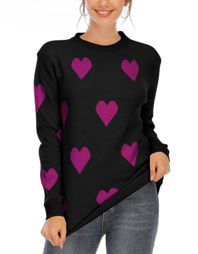 shermie Damen Strickpullover mit süßem Herzmotiv, langärmelig, Rundhalsausschnitt, locker, lässiger Pullover, A Multi-Heart Black 1, Mittel von shermie