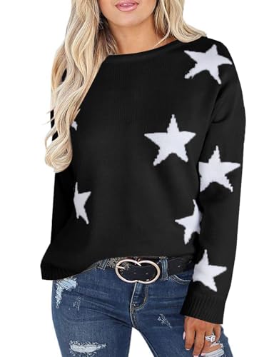 shermie Damen Rundhalsausschnitt Pullover Pullover Stern Grafik Strickpullover Pullover, schwarz 2, X-Groß von shermie