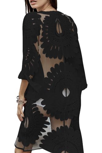 Shermie Floral Kimonos für Frauen Sommer Strand Badeanzug Cover Up Lange Kimono Cardigan, Schwarz, Einheitsgröße von shermie