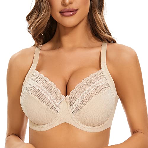 sheroine Lace Floral Damen BH mit Spitze Bügel Minimizer Unterwäsche ungepolstert für große Brüste (Nude,100C) von sheroine