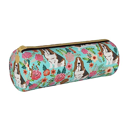 shgwehh Border Collie Federmäppchen mit Blumenmuster, rund, niedliches Leder, Reißverschluss, für Schule, Büro und Reisen, Süßer Basset Hound Blumen., Einheitsgröße, Taschen-Organizer von shgwehh