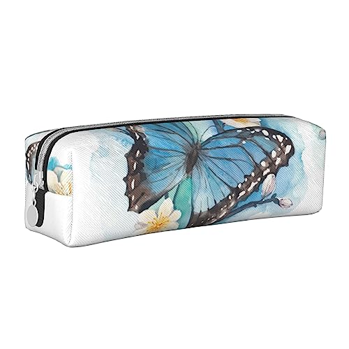 shgwehh Federmäppchen mit natürlicher Pflanzen-Silhouette, Farnblatt, bedruckt, quadratisch, niedliches Leder, Reißverschluss, Stifteetui für Schule, Büro und Reisen, Blauer Schmetterling auf Blüte, von shgwehh