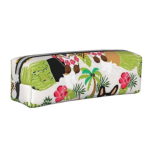 shgwehh Federmäppchen mit natürlicher Pflanzen-Silhouette, Farnblatt, bedruckt, quadratisch, niedliches Leder, Reißverschluss, Stifteetui für Schule, Büro und Reisen, Corgi Hawaiianische tropische von shgwehh