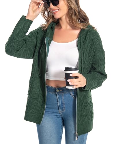 shineflow Mittellange Cardigan mit Kapuze,Strickjacke Damen Zopfmuster Oversized Grobstrick, Einfarbige Pullover,Cardigan mit Fronttaschen und Reißverschluss (Dunkelgrün,S) von shineflow