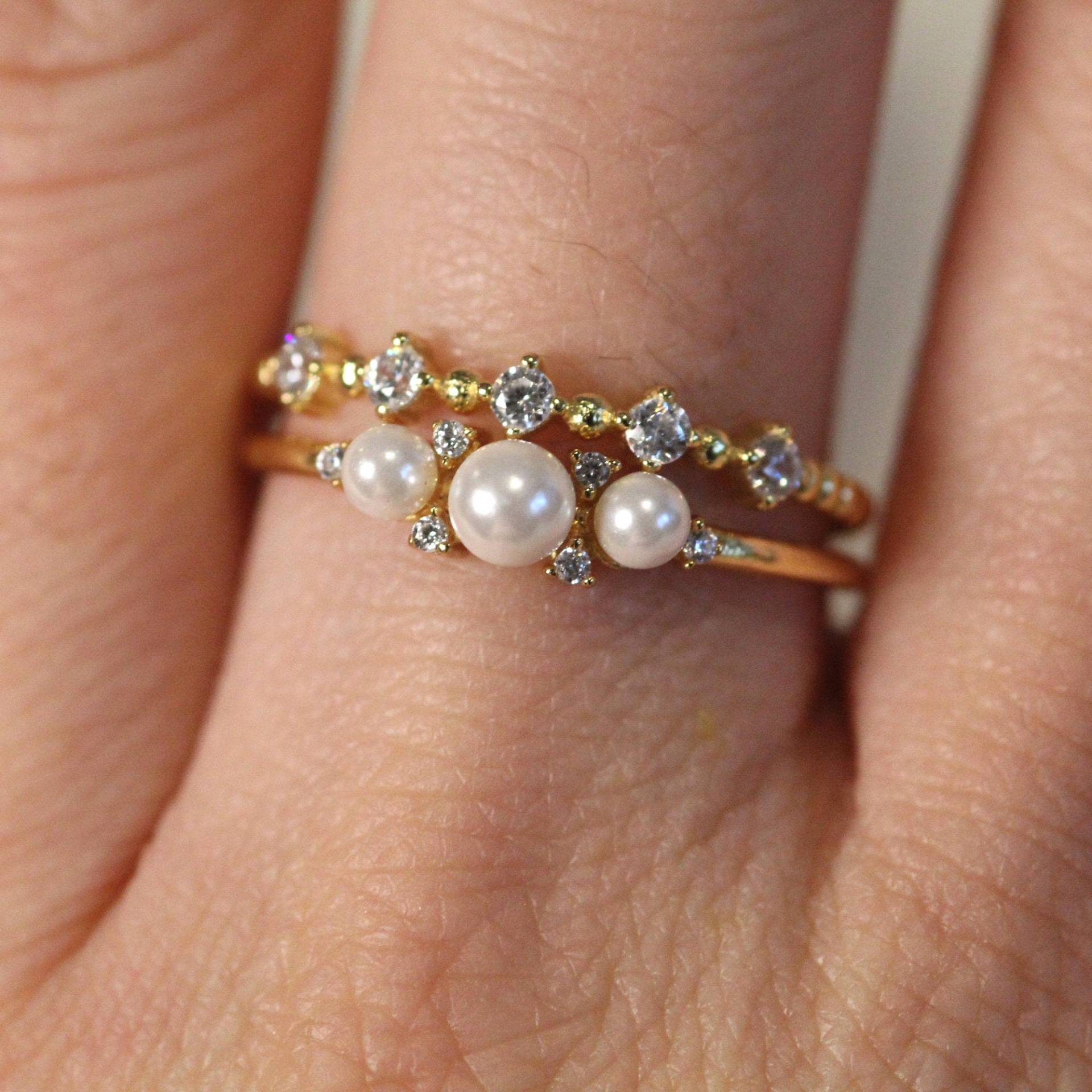 Art-Deco Akoya Perle Verlobungsring Rose Gold Diamant Hochzeit Frauen, Einzigartiges Braut Einfaches Minimalist Versprechen Ring Jahrestag Geschenk von shinystonelovejewel