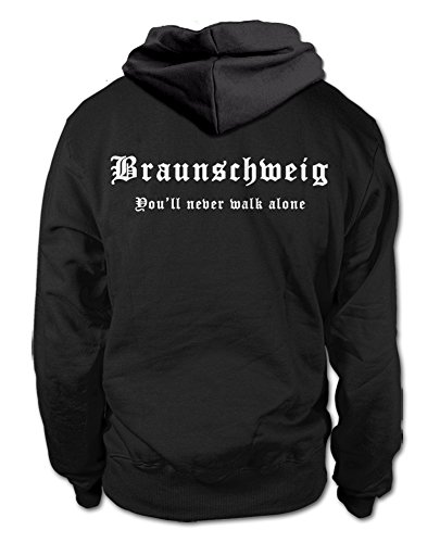 shirtloge Braunschweig - You'll Never Walk Alone - Fan Kapuzenpullover - Schwarz (Weiß) - Größe L von shirtloge