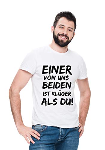 Einer von Uns beiden ist klüger als Du! - Samtflock-Druck für Herren Fun Spruch Shirt (XL, Weiss mit schwarzem Druck) von shirts&nerds