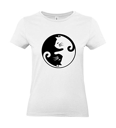 Ying Yang Katze - Samtflock Fun Shirt Damen in vielen Farben (L, Weiss mit schwarzem Druck) von shirts&nerds