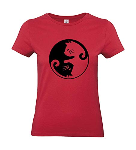Ying Yang Katze - Samtflock Fun Shirt Damen in vielen Farben (XL, Rot mit schwarzem Druck) von shirts&nerds