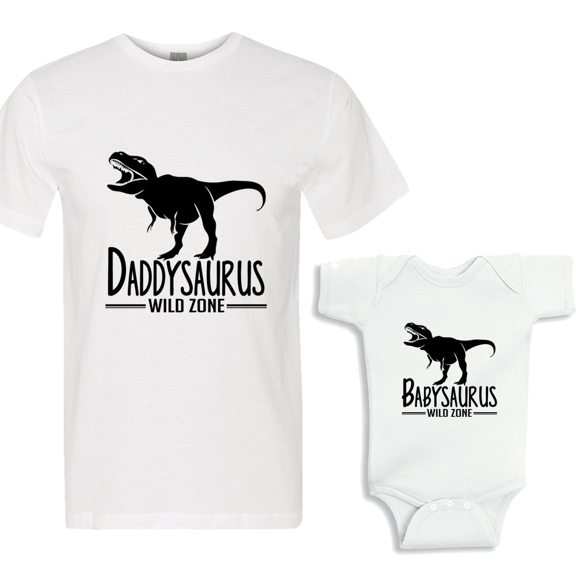 Daddysaurus - Babysaurus Weiße Shirts Papa Und Ich Shirt Set von shirtsbynany