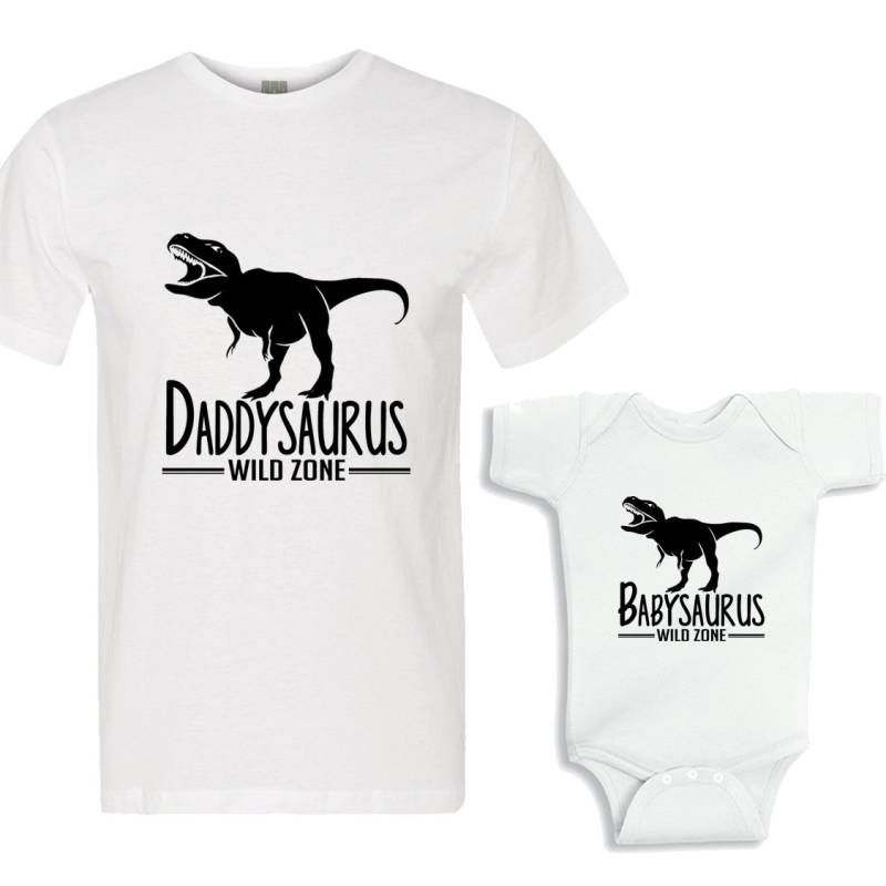Daddysaurus - Babysaurus Weiße Shirts Papa Und Ich Shirt Set von shirtsbynany