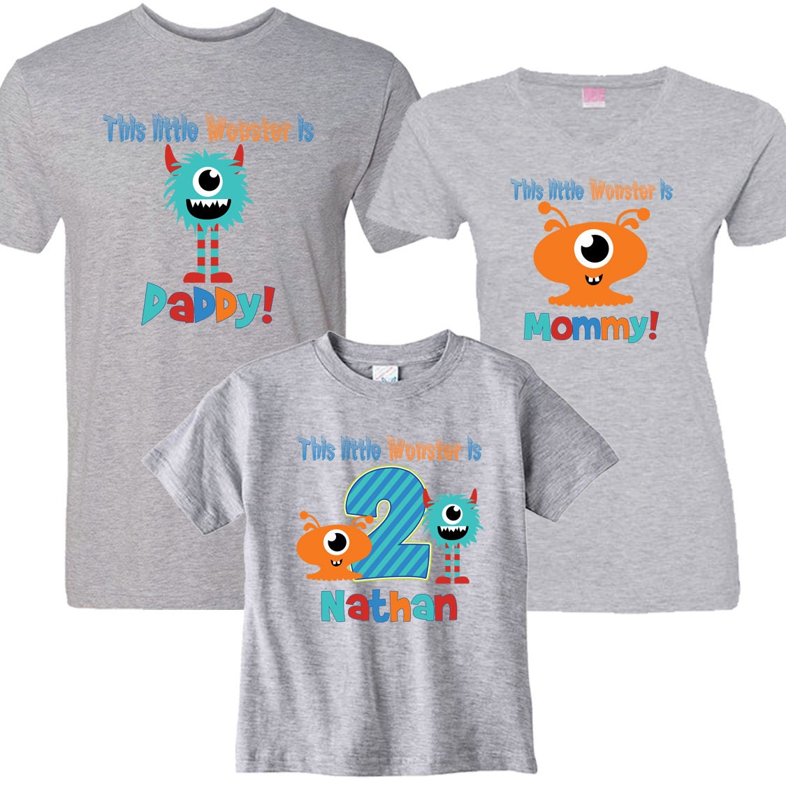 This Little Monster Is Birthday Boy, Daddy & Mommy Matching 3 Heather Shirt Set von shirtsbynany