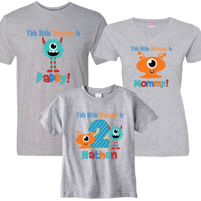 This Little Monster Is Birthday Boy, Daddy & Mommy Matching 3 Heather Shirt Set von shirtsbynany