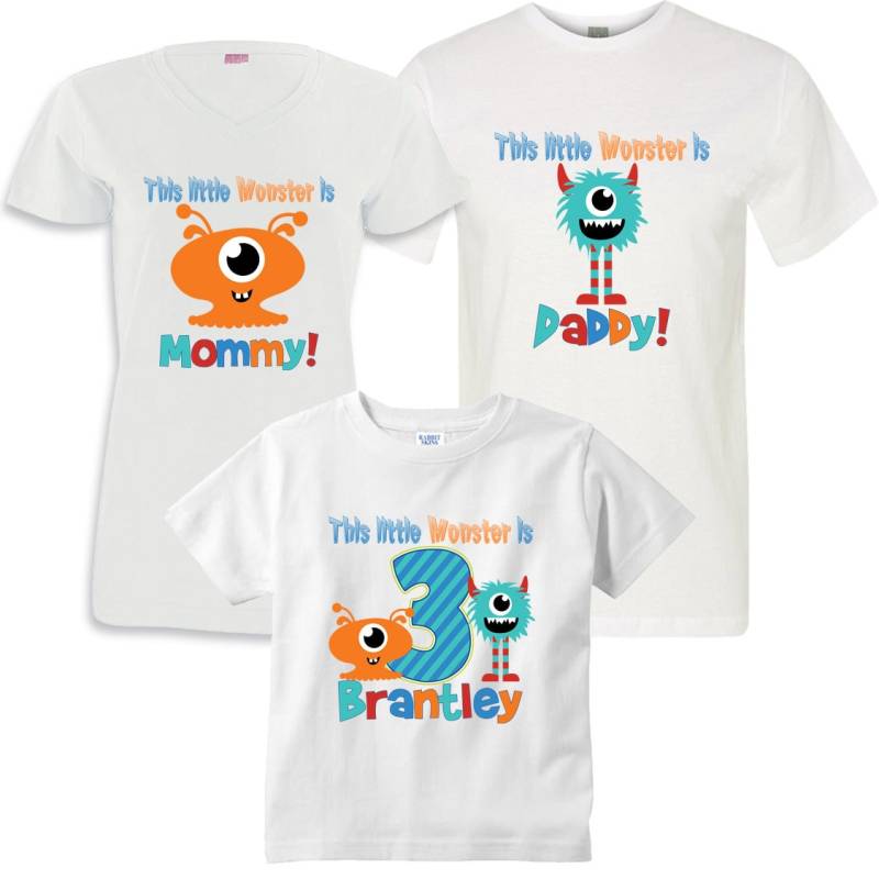 This Little Monster Is Birthday Boy, Daddy & Mommy Matching 3 White Shirt Set von shirtsbynany