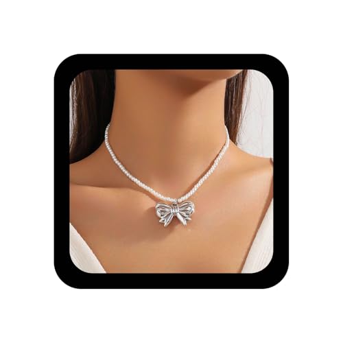shiruier Boho-Perlen-Halskette für Damen, trendige Imitationsperlen und Strang-Halskette, Silber, Schmetterlings-Schleifen-Anhänger, Halsketten, 1920er-Jahre, Perlen-Halsband, Hochzeit, Brautperlen von shiruier