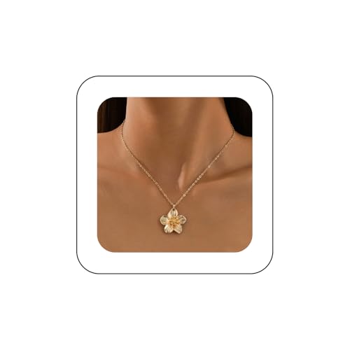 shiruier Goldfarbene Blumen-Halskette für Damen, Hibiskusblüten-Anhänger, minimalistische Blumen-Halsketten, Statement-Blumenhalskette, Hawaii-Sommer-Schmuck, Geschenk von shiruier