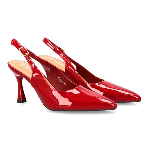 Absatzschuh mit elegantem Design und Schnallenverschluss. Feine Spitze, Herbstsaison für den Winter., burgunderrot, 39 EU von shoes&blues.es