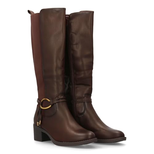 Bequeme und elegante Damenstiefel mit Schnalle, runder Zehenbereich und seitlichem Reißverschluss., braun, 36 EU von shoes&blues.es