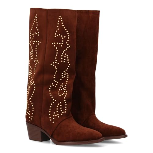 Cowboy-Stiefel mit hohem Schaft und Nieten für Damen, mittlere und bequeme Ferse, Camper-Stil, einfarbig, Reißverschluss, ideal für den Winter., braun, 36 EU von shoes&blues.es