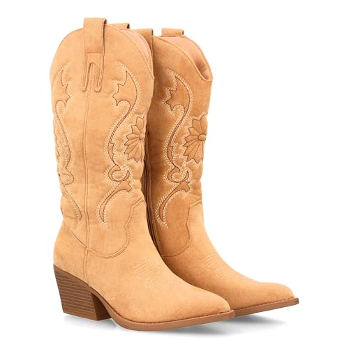 Damen-Cowboy-Stiefel mit Stickerei, mittlerer Absatz, feiner Zehenbereich, einfarbig, Camper-Stil, Reißverschluss, ideal für den Winter., beige, 41 EU von shoes&blues.es