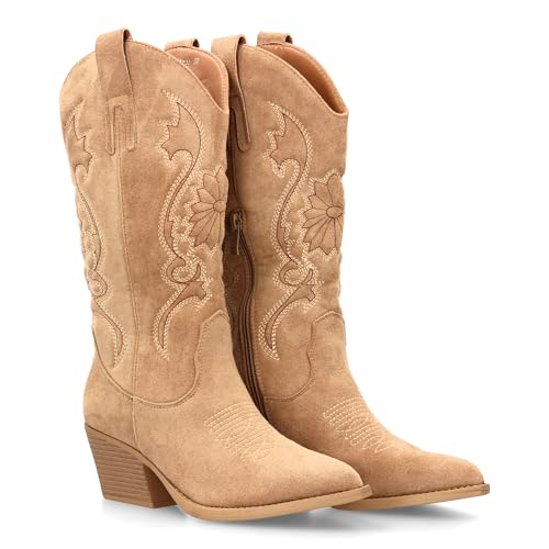 Damen-Cowboy-Stiefel mit Stickerei, mittlerer Absatz, feiner Zehenbereich, einfarbig, Camper-Stil, Reißverschluss, ideal für den Winter., kaki, 39 EU von shoes&blues.es