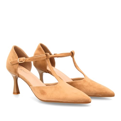 Damenschuh mit mittlerem Absatz mit T-Riemen. Elegant, bequem und vielseitig. Mit einem Salon-Design, ideal für den Winter. Schnallenverschluss und dünner Absatz., kaki, 41 EU von shoes&blues.es