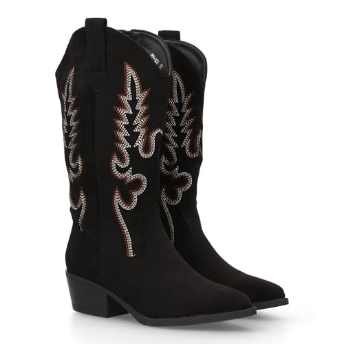 Damenstiefel im Cowboy-Stil, niedriger Absatz, bequem und elegant, K-Design, 32 cm, bestickt, Freizeit- oder Party-Look, ideal für den Winter, Schwarz , 38 EU von shoes&blues.es