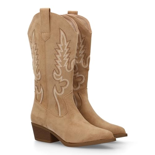 Damenstiefel im Cowboy-Stil, niedriger Absatz, bequem und elegant, K-Design, 32 cm, bestickt, Freizeit- oder Party-Look, ideal für den Winter, beige, 36 EU von shoes&blues.es