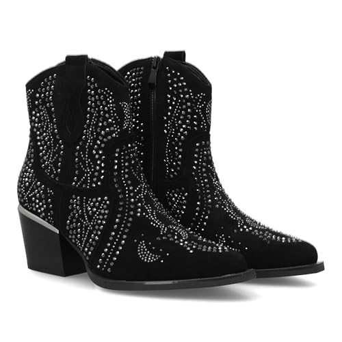 Damenstiefel im Jeans-Stil, glänzende Details und bequemer Verschluss. Mit glänzenden Nieten gefüttert, kubanischer Absatz., Schwarz , 37 EU von shoes&blues.es