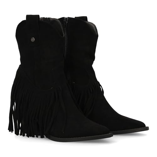 Damenstiefel mit Camperabsatz, kubanischer Absatz mit Fransen, spitz, Reißverschluss, ideal für den Winter., Schwarz , 40 EU von shoes&blues.es