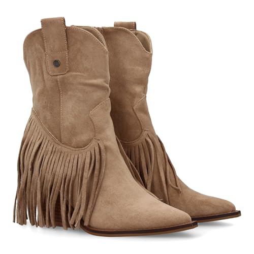Damenstiefel mit Camperabsatz, kubanischer Absatz mit Fransen, spitzes Finish, Reißverschluss, ideal für den Winter., Aprikose, 38 EU von shoes&blues.es