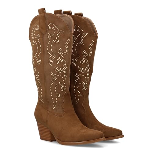 Damenstiefel mit elegantem Design und glänzenden Details, kubanischer Absatz von 6 cm. Cowboy-Stil mit Reißverschluss., Taupe, 40 EU von shoes&blues.es