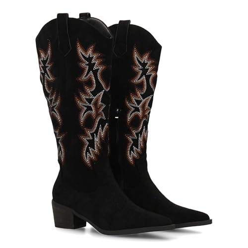 Damenstiefel mit hohem Schaft und Stickereien im Cowboy-Stil, Reißverschluss, bequemer kubanischer Absatz, dünne Zehenpartie, einfarbig, ideal für die Wintersaison, Schwarz , 38 EU von shoes&blues.es