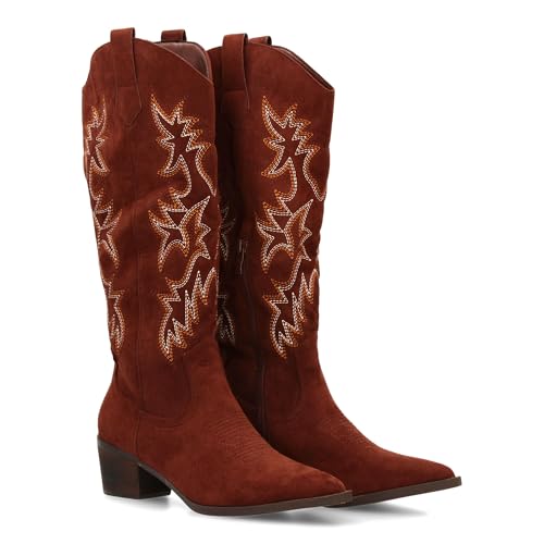 Damenstiefel mit hohem Schaft und Stickereien im Cowboy-Stil, Reißverschluss, bequemer kubanischer Absatz, dünne Zehenpartie, einfarbig, ideal für die Wintersaison, braun, 38 EU von shoes&blues.es
