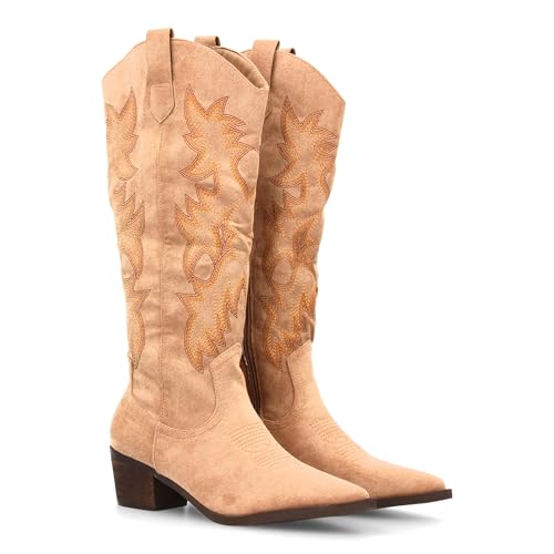 Damenstiefel mit hohem Schaft und Stickereien im Cowboy-Stil, Reißverschluss, bequemer kubanischer Absatz, dünne Zehenpartie, einfarbig, ideal für die Wintersaison, kaki, 39 EU von shoes&blues.es