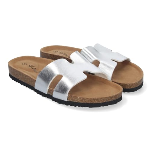 Flache Damen-Sandalen mit Bio-Boden, bequem und elegant, mit Details auf der Schaufel, anatomische Sohle, ideal für Frühling und Sommer, silber, 38 EU von shoes&blues.es