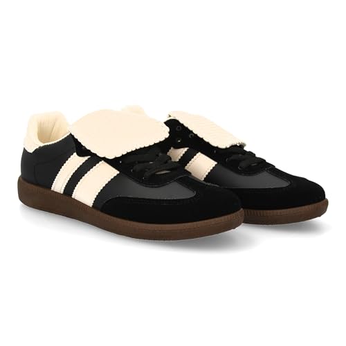 Flacher Damen-Sneaker mit Schnürverschluss und Zungenverzierung und kontrastierender Sohle. Ideal für den Winter, Schwarz , 36 EU von shoes&blues.es