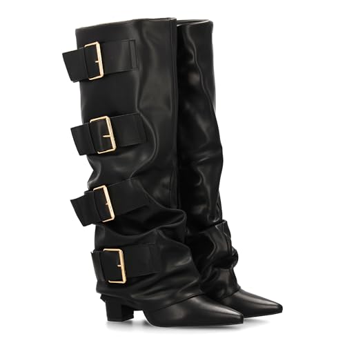 Hohe Damenstiefel mit Schnallen und Futtereffekt. Dünne Spitze und bequemer Absatz, moderner und eleganter Stil, ideal für die Herbstsaison., Schwarz , 39 EU von shoes&blues.es