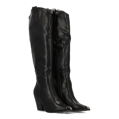 Hohe Stiefel mit Absatz für Damen. Elegantes Design, einfarbig, Metallspitze, bequemer Absatz und Reißverschluss. Ideal für den Winter., Schwarz , 39 EU von shoes&blues.es